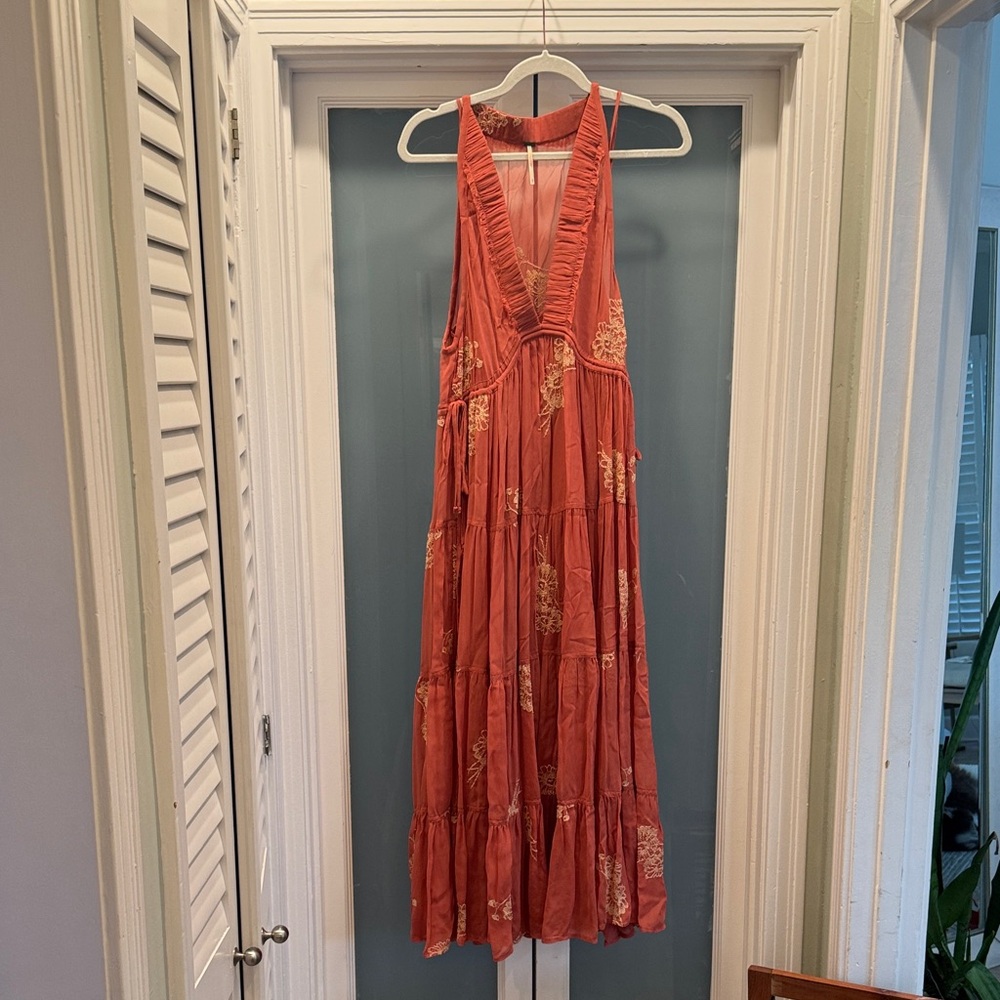 Free People Coral Backless Dress with Floral Embroidery
